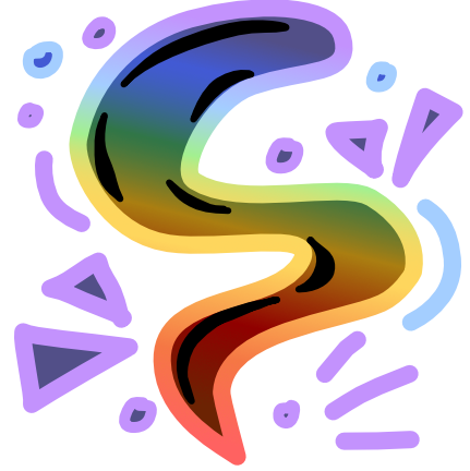 an abstract swirly rainbow shape surrounded by purple emphasis marks. The image is dark with bright lineart